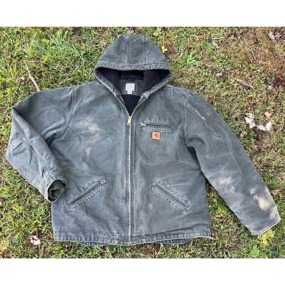 Vintage Carhartt Jacket XL Moss Green J141 MOS Sherpa Lined Canvas Distressed - Picture 1 of 10